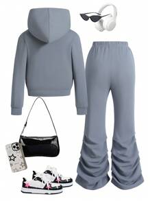 SHEIN Girls Casual Zip Up Hooded Sweater Jacket With Elastic Waist Pleated Pants 2pcs Outfit, Spring/Fall - Grey - View 2