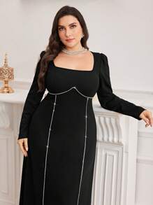 Modelyn Vestido de unicolor con cuello cuadrado, manga abullonada y decoración de rhinestones para mujer talla grande, primavera y otoño