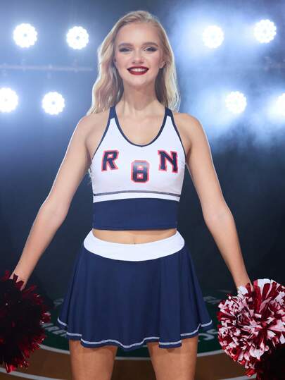 SHEIN Sports Women's Cheerleading Outfit  Letter & Number Print Color Contrast Criss-Cross Back Sports Set