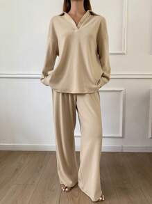 DAZY 女式纯色简约翻领羊毛长袖上衣和裤子睡衣套装秋冬