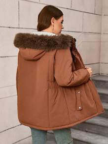 SHEIN LUNE Plus Size Damski zimowy płaszcz z kapturem i ściągaczem w pasie Patchwork Puszysty ocieplany - Brązowy mocha - Zobacz 2