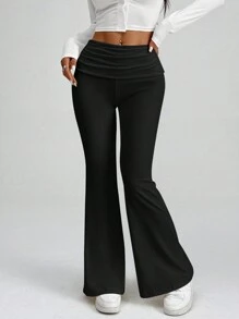 SHEIN PETITE 白色 Y2k 纯色褶皱喇叭裤 喇叭紧身裤