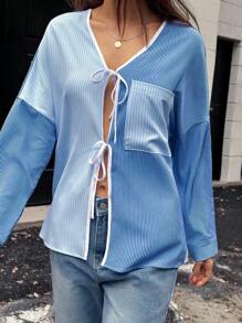 Chiquease Blusa informal de bloques de color con corbata de lazo a rayas, otoño