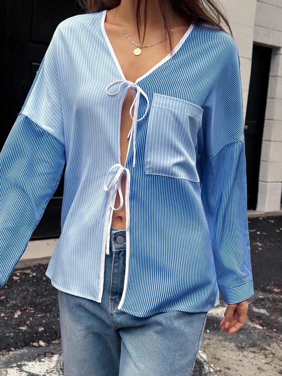 Chiquease Casual Color Block Striped Bow Tie Blouse, Autumn Fall Cloth For Women - Multicolor - View 1