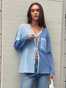 Chiquease Blusa informal de bloques de color con corbata de lazo a rayas, otoño