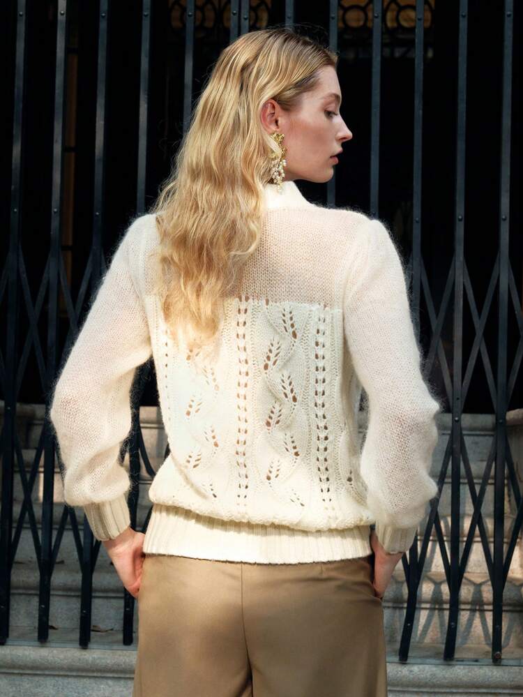 Women's Solid Color Round Neck Long Sleeve Elegant Hollow Out Knit Sweater, Autumn/Winter, Knit Pullover Fall