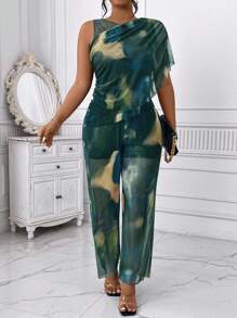 Celure 2 piezas Conjunto de top y pantalones de moda talla grande de malla teñida anudada, verano