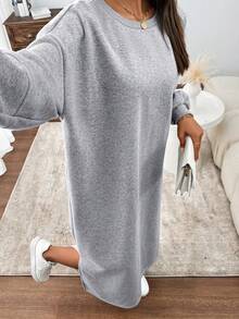Chiquease Women Round Neck Patchwork Long Sleeve Casual Loose Sweatshirt, Grey - Grey - View 3
