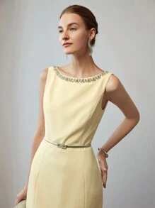 MOTF PREMIUM Vestido midi sin cinturón con ribete de sirena y detalles de strass - Albaricoque - Ver 8