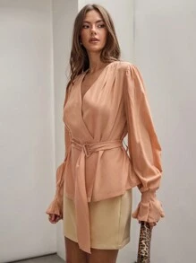 COSMINA COSMINA Autumn/Winter Women Elegant Lantern Long Sleeve Coral/Salmon Orange Business Casual Work Blouse With Belt For Daily Commute FAll