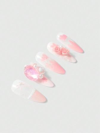 Kawaii 10 piezas de uñas postizas reutilizables en forma de almendra, color rosa suave, con moño floral, con gel de gelatina, hazlo tú mismo