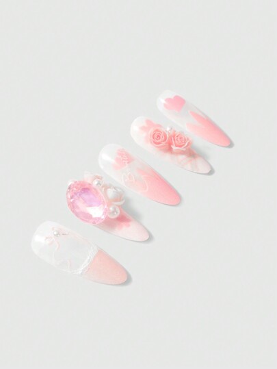 Kawaii 10 pezzi di unghie adesive riutilizzabili a forma di mandorla con fiocco rosa tenero, fiore rosa e gel morbido, fai da te