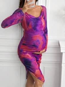 SHEIN 孕妇扎染不对称下摆修身优雅连衣裙，春/秋 - 紫色 - 查看 5