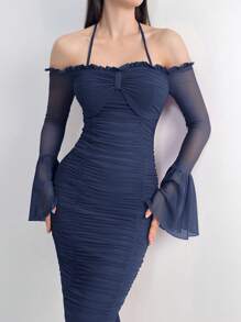 Modelyn Damen Einfarbiges Kleid mit Rüschen, Mesh-Kontrast und Halter-Langarm