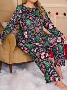 Plus Size Snowman Print Long Sleeve Top & Pants Pajama Set For Christmas, Fall Winter Clothes - Multicolor - View 3