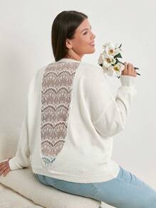 SHEIN Cottnline Plus Size Back Lace Detailed Round Neck Elegant Pullover Sweater - White - View 1