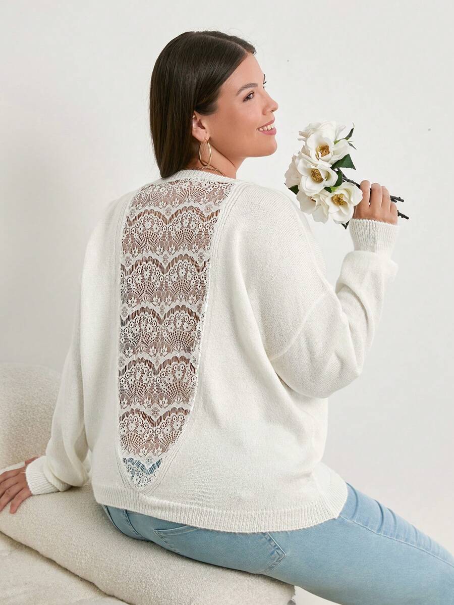 SHEIN Cottnline Plus Size Back Lace Detailed Round Neck Elegant Pullover Sweater - White - View 1