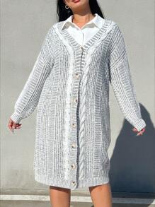 Flirla Plus Size Fashionable Loose-Fit Mixed-Color Cable Knit Long Cardigan Sweater - Black and White - View 5
