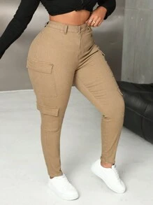 SHEIN SXY Jeans cálidos de talla grande para mujer, de color caqui, ajustados, de estirar, para trabajo