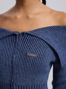 SHEIN Coolane Women's Vintage Y2K Knit Off Shoulder Long Sleeve Zip Up Stretchy Bodysuit Cardigans Sweater - Royal Blue - View 8