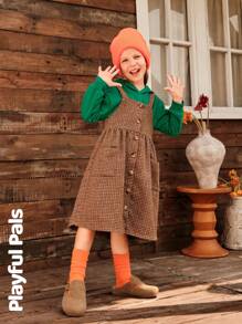 SHEIN 1 件年轻女孩可爱/复古/休闲/返校格子运动衫和吊带裙两件套服装，适合学校和户外玩耍，春/秋/冬 - 彩色 - 查看 6