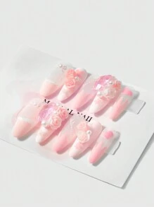 ROMWE Kawaii 10 件装杏仁形柔和粉红玫瑰蝴蝶结花卉可重复使用按压式指甲带果冻凝胶，DIY - 彩色 - 查看 3