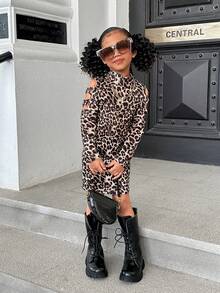 SHEIN Váy thường ngày họa tiết da báo đan cho bé gái - Nhiều màu - Xem 3