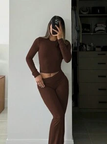 INAWLY Solva Bộ 2 áo thun dài tay cổ tròn màu trơn đơn giản và quần dài cho nữ - Cà phê nâu - Xem 2