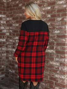 SHEIN LUNE Plus Size Autumn Winter Casual Patchwork Red Plaid Dress, Holiday Christmas Women Dresses