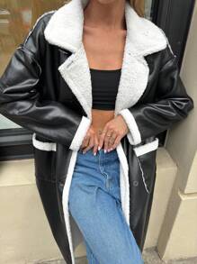 SHEIN Essnce Women's Black And White PU Leather Coat,Mid-Length Loose Lamb Fur One-Piece Long Plush Coat,Autumn Elegent Everyday American Vintage Casual Clothing - Black - View 7