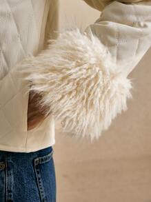 Poéselle Women's Solid Color Front Tie Long Sleeve Furry Cuff Loose Casual Winter Jacket - Apricot - View 6