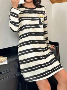 Long Sleeve T-Shirt Nightdress With Dog & Stripe Print Pocket - Black and White - View 2
