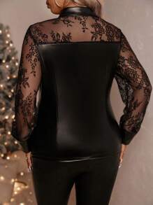SHEIN Clasi Plus Size Women's Solid Color Lace Patchwork Long Sleeve Blouse Party Shirt For Women