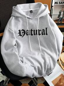 Manfinity Hypemode Sudadera con capucha holgada para hombres con gráficos de eslogan, hombros caídos, cordón ajustable, manga larga, color gris claro, para salidas, regalo para amigos, esposo, novio
