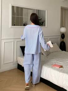 DAZY Bộ đồ ngủ áo sơ mi sọc tay dài cài nút phía trước, túi màu tương phản và quần dài, quần áo mùa thu - Màu xanh lam - Xem 2