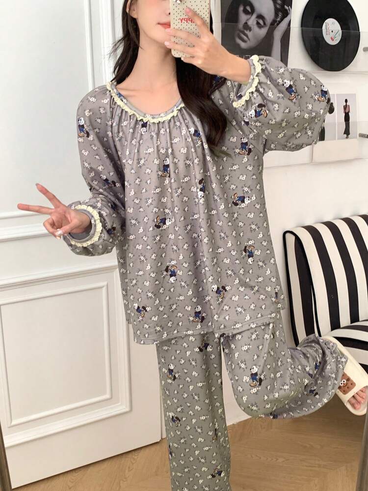 Women's Loose Floral & Cartoon Print Frill Collar Long Sleeve Pajama Set