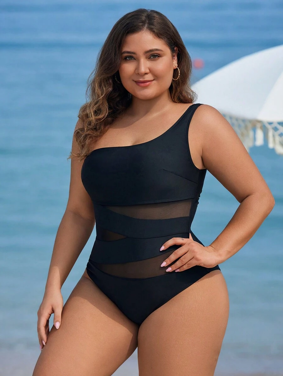 SHEIN Swim 大码女式夏季海滩度假网眼撞色纯色连体泳衣 - 黑色 - 查看 1