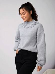 Girl & Teen Girls' Elegant Floral 3D Decorated Crew Neck Sweater. The Distinctive 3D Floral Collar Decoration Adds A Unique Style Highlight To The Overall Look. The Refined Crew Neck Design Is Simple Yet Graceful, Offering Warmth And Comfort With Its Soft, Delicate Fabric Material. This Sweater Creates A Charming, Fashionable Look For Girl And Teen Girls, Allowing Them To Radiate Confidence And Charm At Social Events.