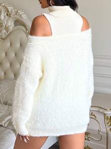 Flirla Plus Size Turtleneck Drop Shoulder Fluffy Sweater Knit Pullover Fall Winter - Beige - View 2