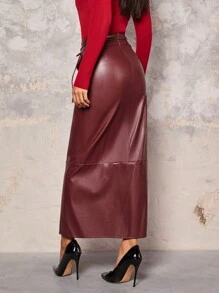 Chiquease Burgundy Women PU Faux Solid Color Leather Skirt With Slit Spring/Autumn Fall Cloth For Women - Green - View 2
