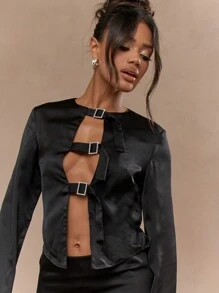MISSGUIDED 缎面金属扣细节前开长袖上衣和紧身迷你裙两件套 - 黑色 - 查看 3