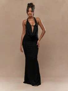 MISSGUIDED Textured Mesh Double Layered Cowl Plunge Halter Neck Backless Mermaid Hem Maxi Dress - Black - View 1