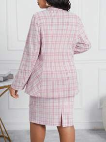 SHEIN Lady Autumn And Winter Elegant Pink Knitted V Neck Long Sleeve New Product Women Two-Piece Outfits Plus Size Fluffy Coats Two Piece Fall Outfits Women Skirt Set Blazer Set