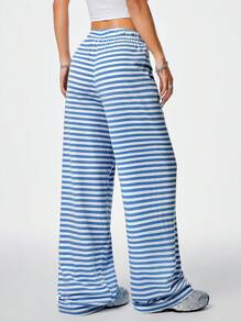 SHEIN EZwear Quần Palazzo ống đứng kẻ sọc dáng rộng thoải mái có thắt lưng cho nữ - Xanh và trắng - Xem 2