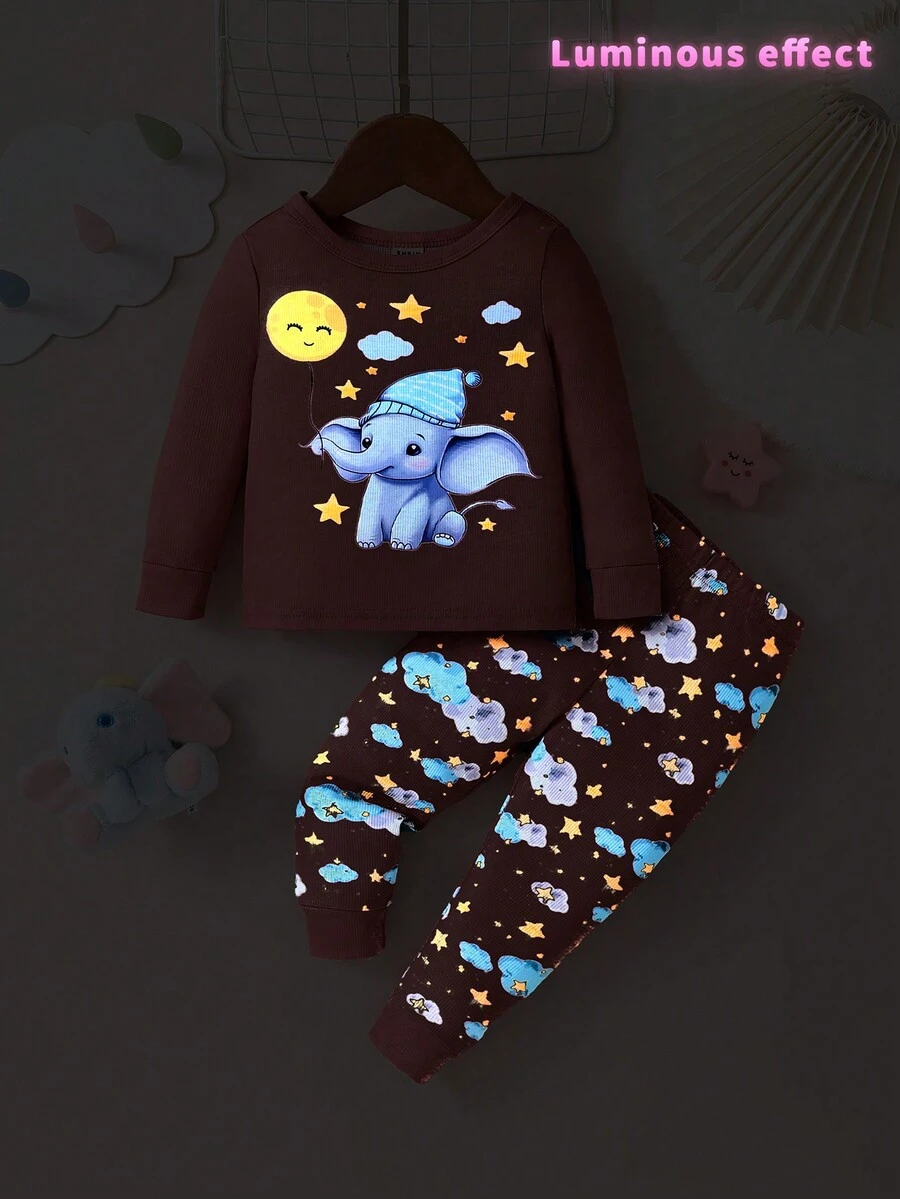 2pcs Baby Girls Cute Elephant Glow In Dark Snug Fit Long Sleeve Top And Pants Sleepwear Set - Multicolor - View 1