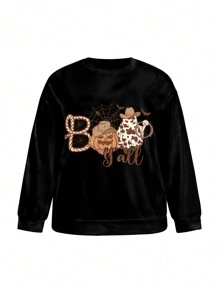 Lemon Design Artist Plus Size Ghost Pumpkin Printed Crew Neck Long Sleeve Sweatshirt, Holiday, Winter, Vacation, Festival