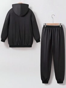 2pcs Teenage Boys Casual Plaid Print Hoodie Sweatshirt And Lounge Pants Set - Black - View 2