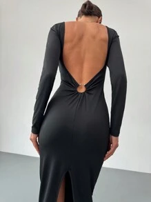 Aloruh Vestido negro elegante y romántico de manga larga con espalda descubierta y ajustado al Body para mujeres, para eventos como regreso a clases, cena o citas, en estilo sencillo y elegante para la temporada de otoño - Negro - Ver 5