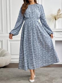 SHEIN Maternity Floral Print Round Neck Lantern Sleeve Long Elegant Dress, Spring & Autumn