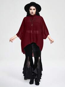 ROMWE Goth 大码时尚蝙蝠袖雪纺衬衫，秋季 - 酒紅色 - 查看 1